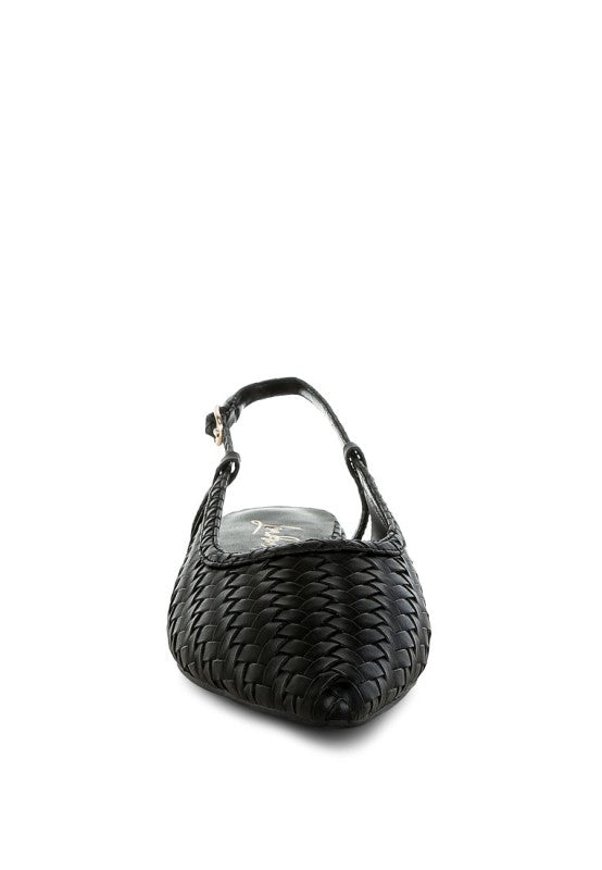 Black woven leather slingback flat shoe with pointed toe and metallic buckle