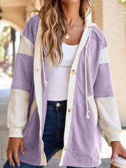 Lavender Waffle Contrast Knit Color Block Patchwork Button Front Oversize Hoodie | Hoodies Daverri Fashions