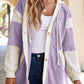 Waffle Contrast Knit Color Block Patchwork Button Front Oversize Hoodie - DAVERRI FASHIONS