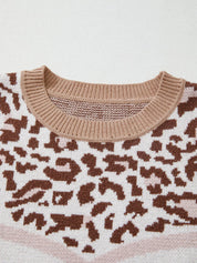 Leopard Color Block Knit Round Neck Baggy Sweater | Sweaters Daverri Fashions