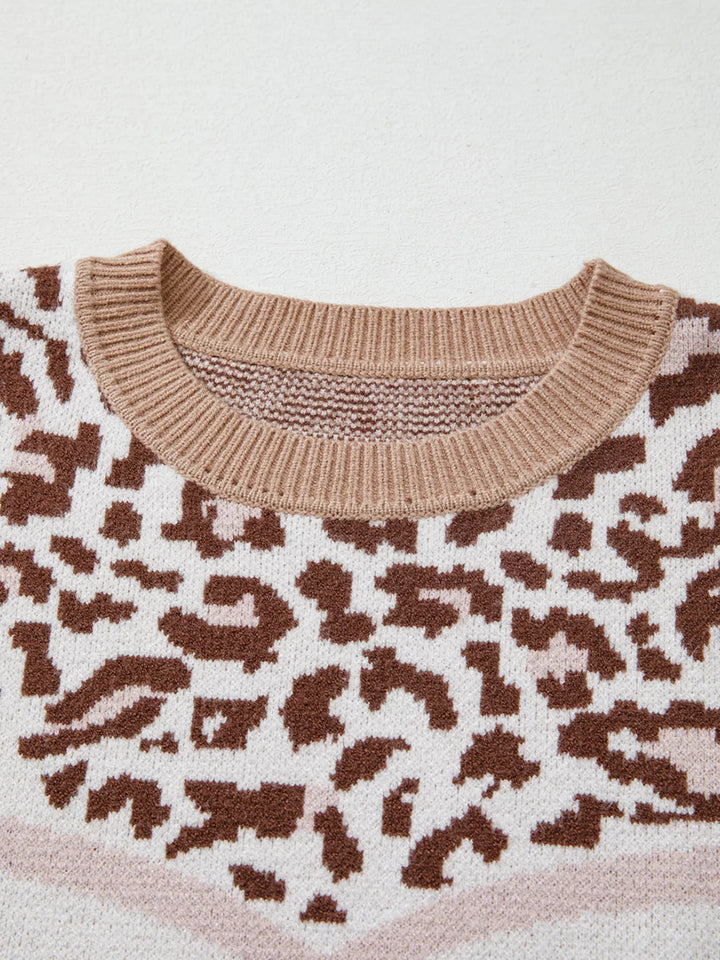 Leopard Color Block Knit Round Neck Baggy Sweater | Sweaters Daverri Fashions