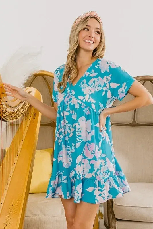 BiBi Floral Crinkle Shirred Ruffle Detail V Neck Dress - DAVERRI FASHIONS