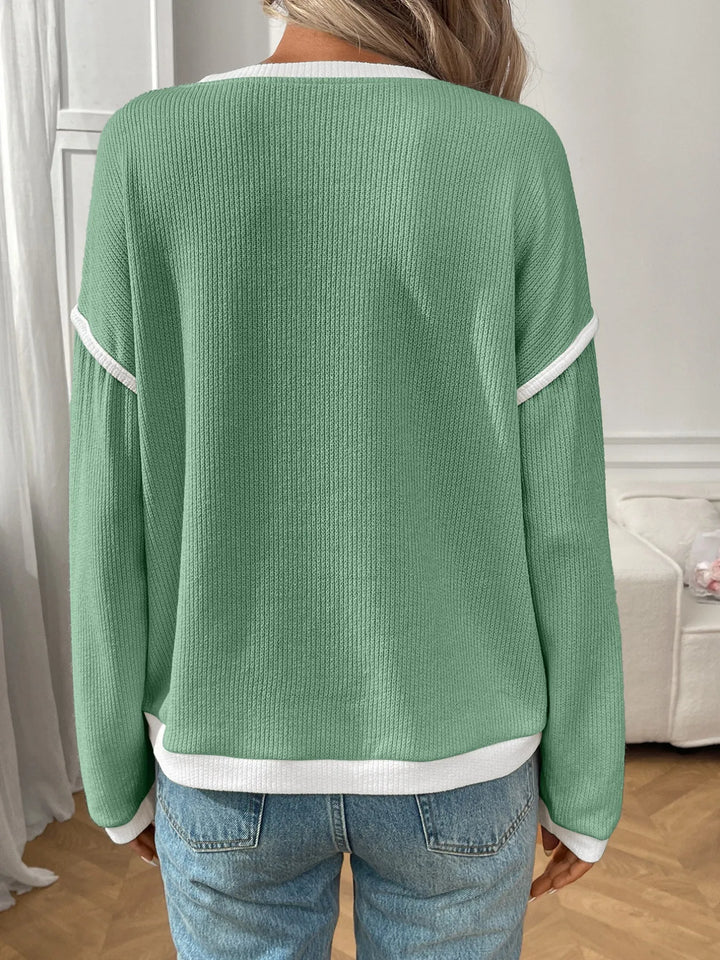 Ribbed Contrast Trim Long Sleeve Top | Knit Tops Daverri Fashions