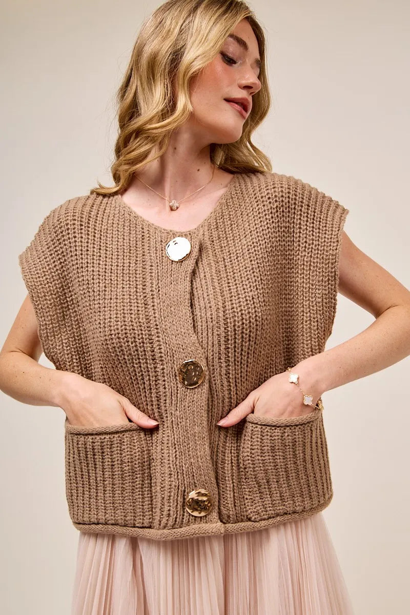 SO ME Big Metal Button Front Sweater Vest COFFEE Sweater Vests