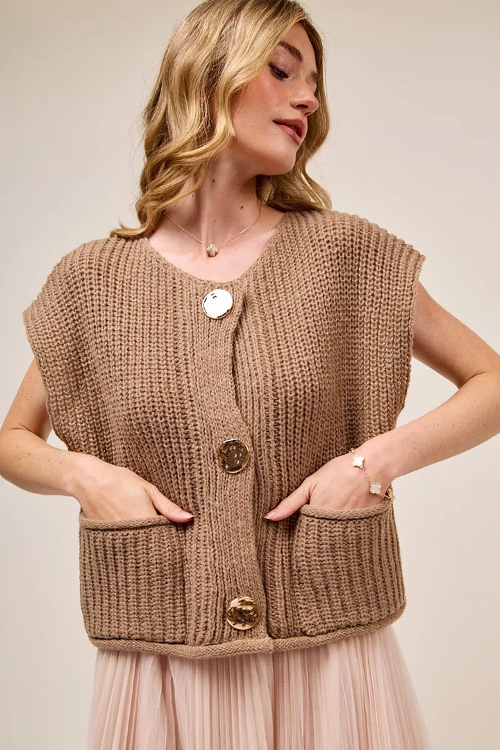 SO ME Big Metal Button Front Sweater Vest COFFEE Sweater Vests