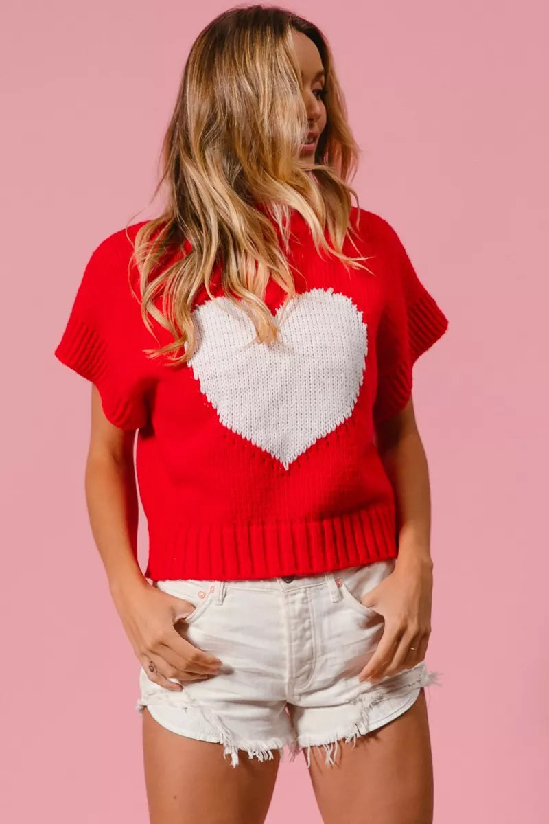 Red BiBi Rib Banded Heart Pattern Valentines Sweater with white heart design