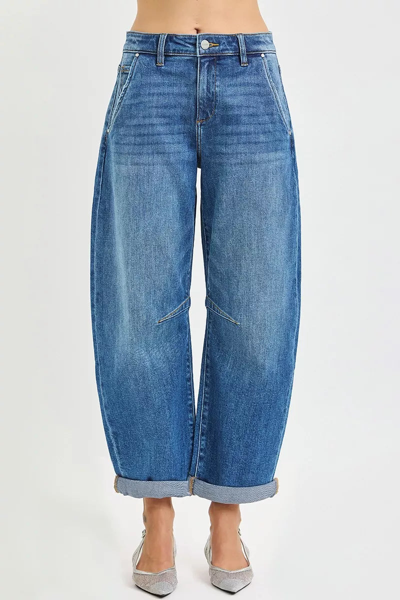 RISEN slouchy cropped barrel jeans in blue denim with cuffed hem