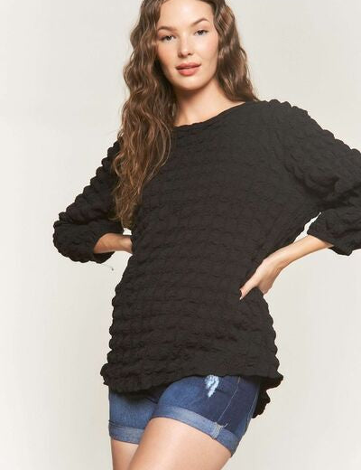 ADORA Bubble Texture Round Neck Blouse Black Blouses