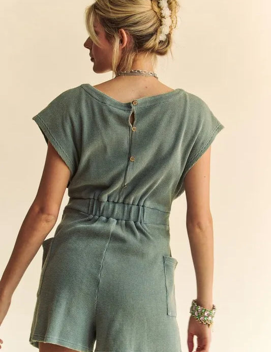 Davi & Dani Acid-Washed Waffle Knit Cuffed Sleeves Romper | Rompers Daverri Fashions