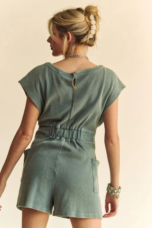 Davi & Dani Acid-Washed Waffle Knit Cuffed Sleeves Romper Rompers