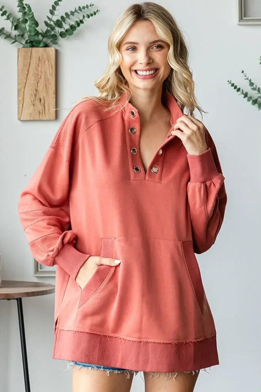 First Love Grommet Split Neck Kangaroo Pocket Sweatshirt - DAVERRI FASHIONS