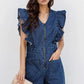 Denim Ruffled Zipped Front Belted Romper - DAVERRI FASHIONS