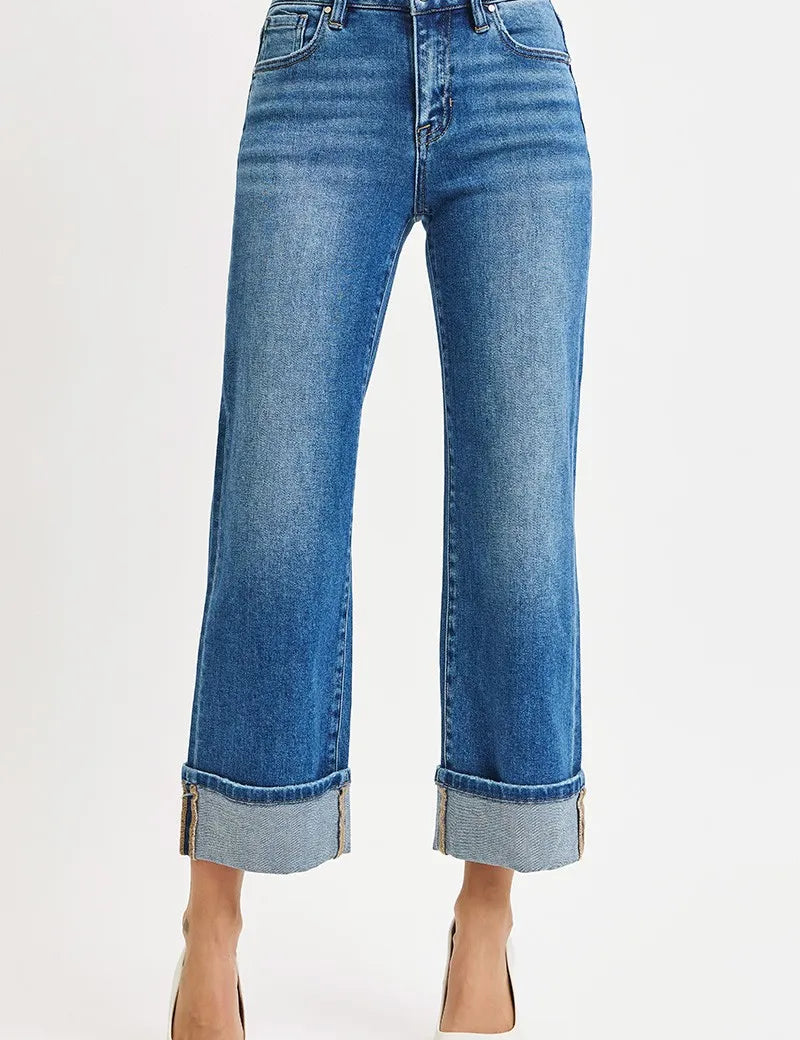 MEDIUM RISEN Full Size Mid Rise Crop Straight Cuffed Jeans Plus Size | Daverri Fashions