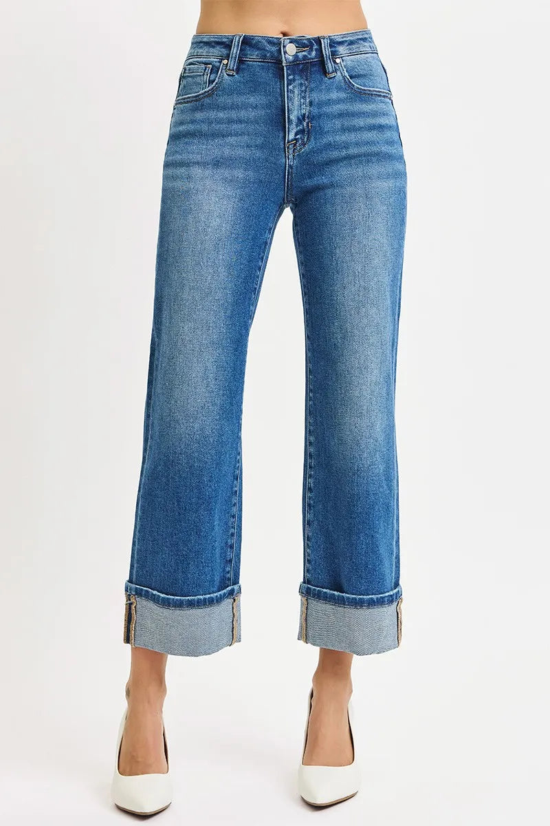 RISEN Full Size Mid Rise Crop Straight Cuffed Jeans Plus Size MEDIUM
