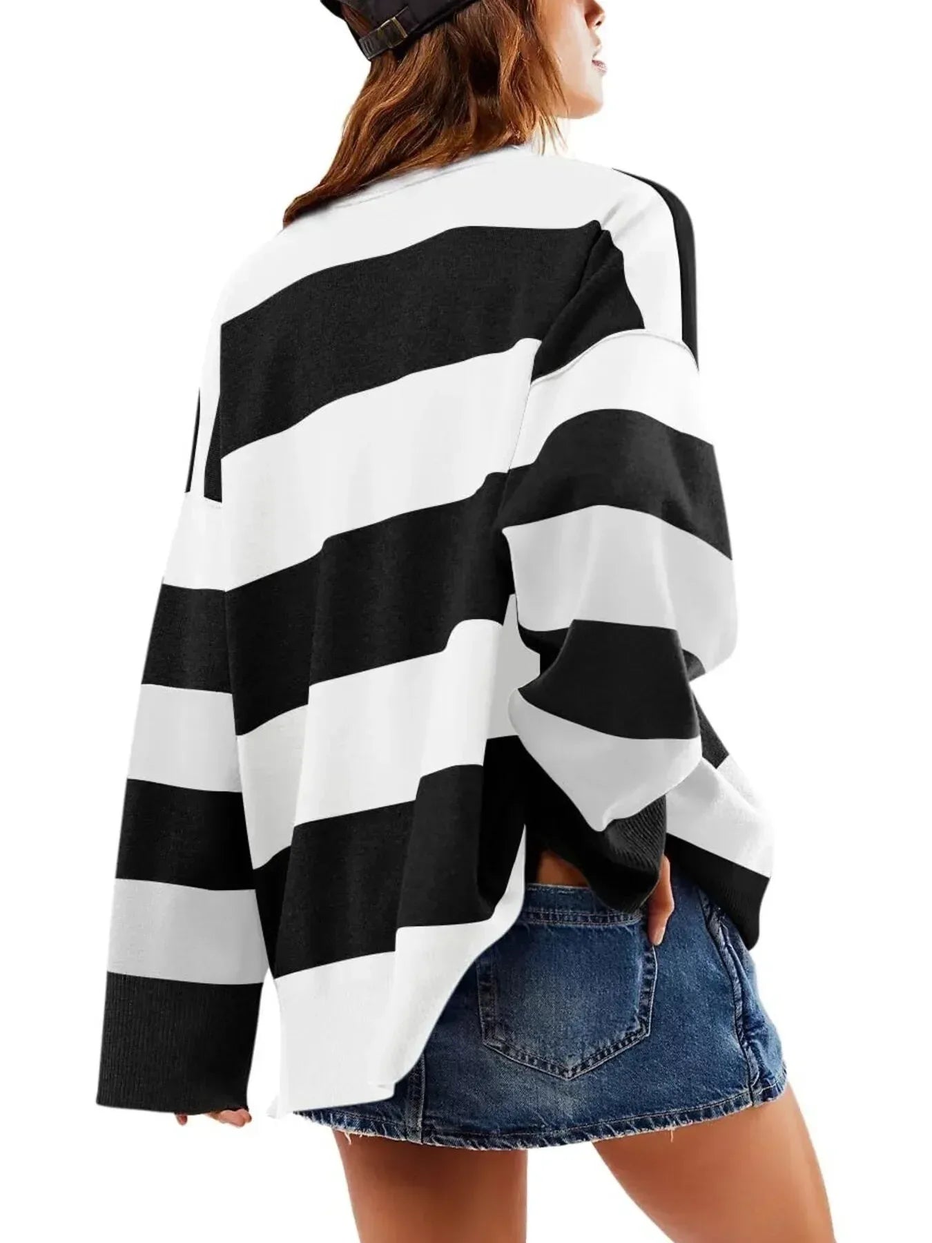 Striped Half-Zip Oversized Sweatshirt - DAVERRI FASHIONS