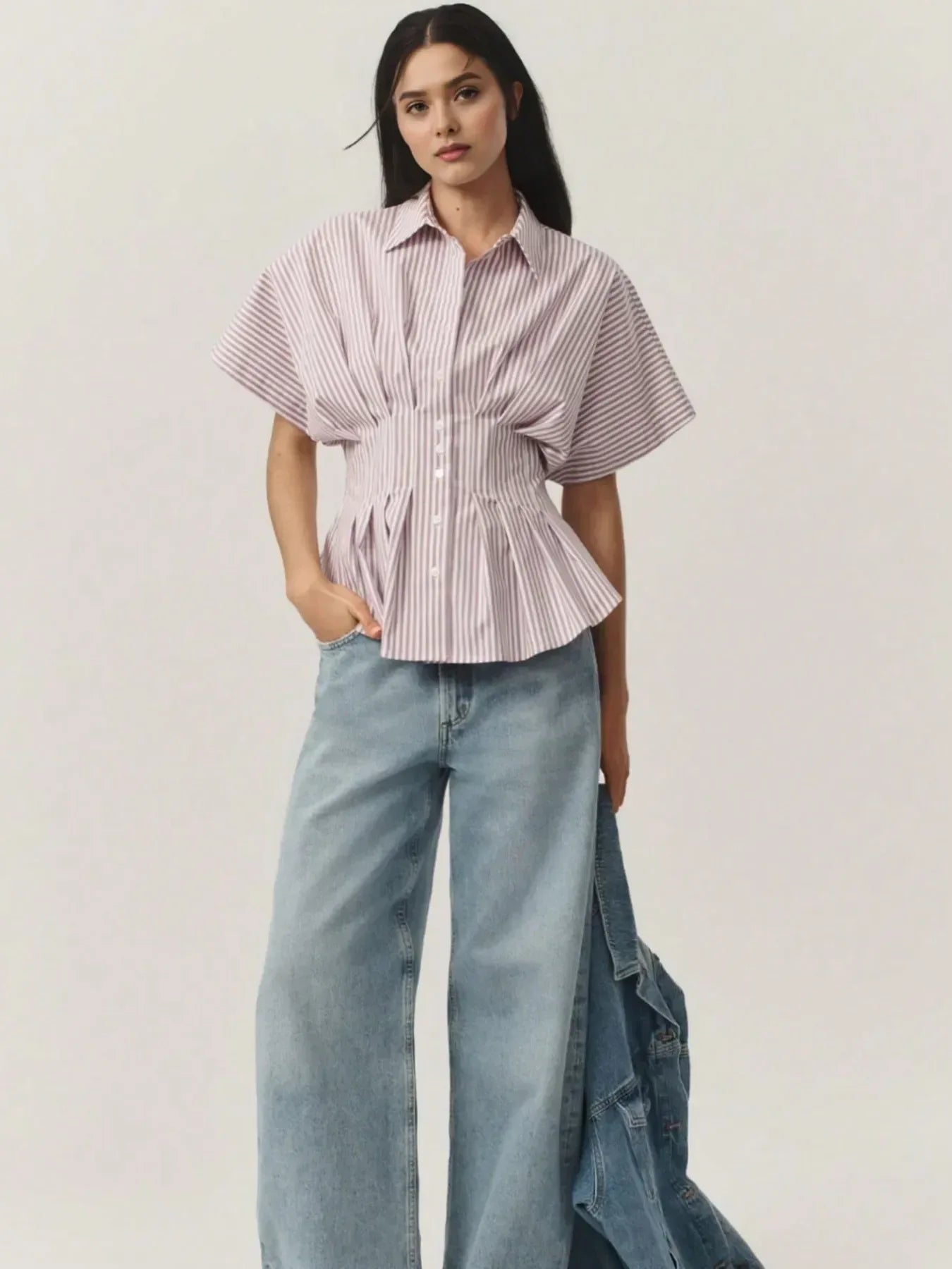 Striped Short Sleeve Button-Up Shirt - DAVERRI FASHIONS