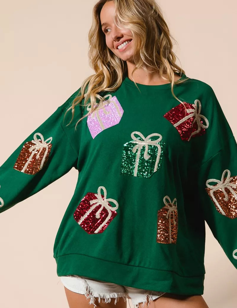 Green sequined gift box sweater pullover by BiBi