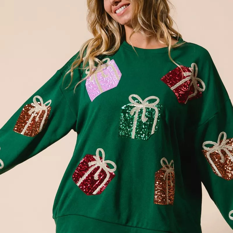 Green sequined gift box sweater pullover by BiBi
