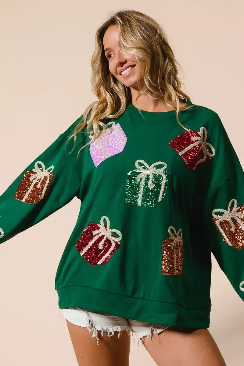 BiBi Sequin Christmas Gift Box Embroideries Pullover - DAVERRI FASHIONS