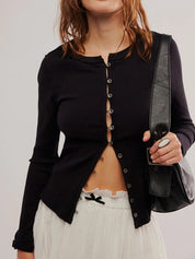 Black Button Up Round Neck Long Sleeve Cardigan | Cardigans Daverri Fashions