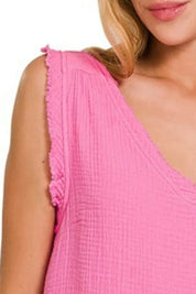 Zenana Double Gauze Raw Edge V-Neck Tank | Daverri Fashions