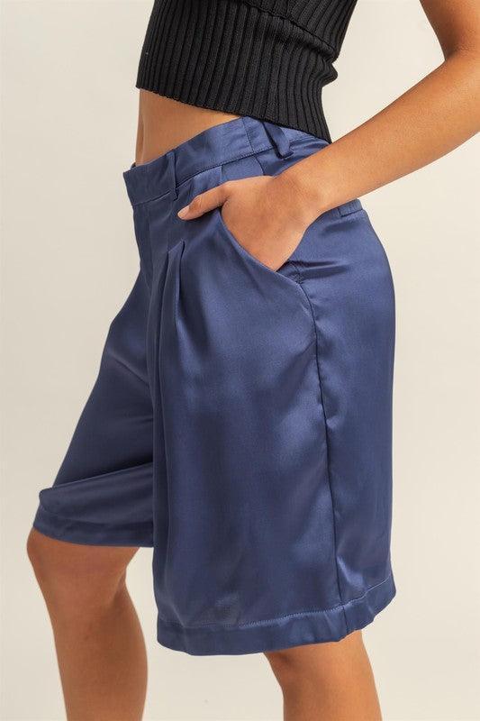 HYFVE High-Waist Pleated Satin Shorts - DAVERRI FASHIONS