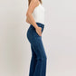 Judy Blue high-waisted dark blue denim flare jeans, worn-in look