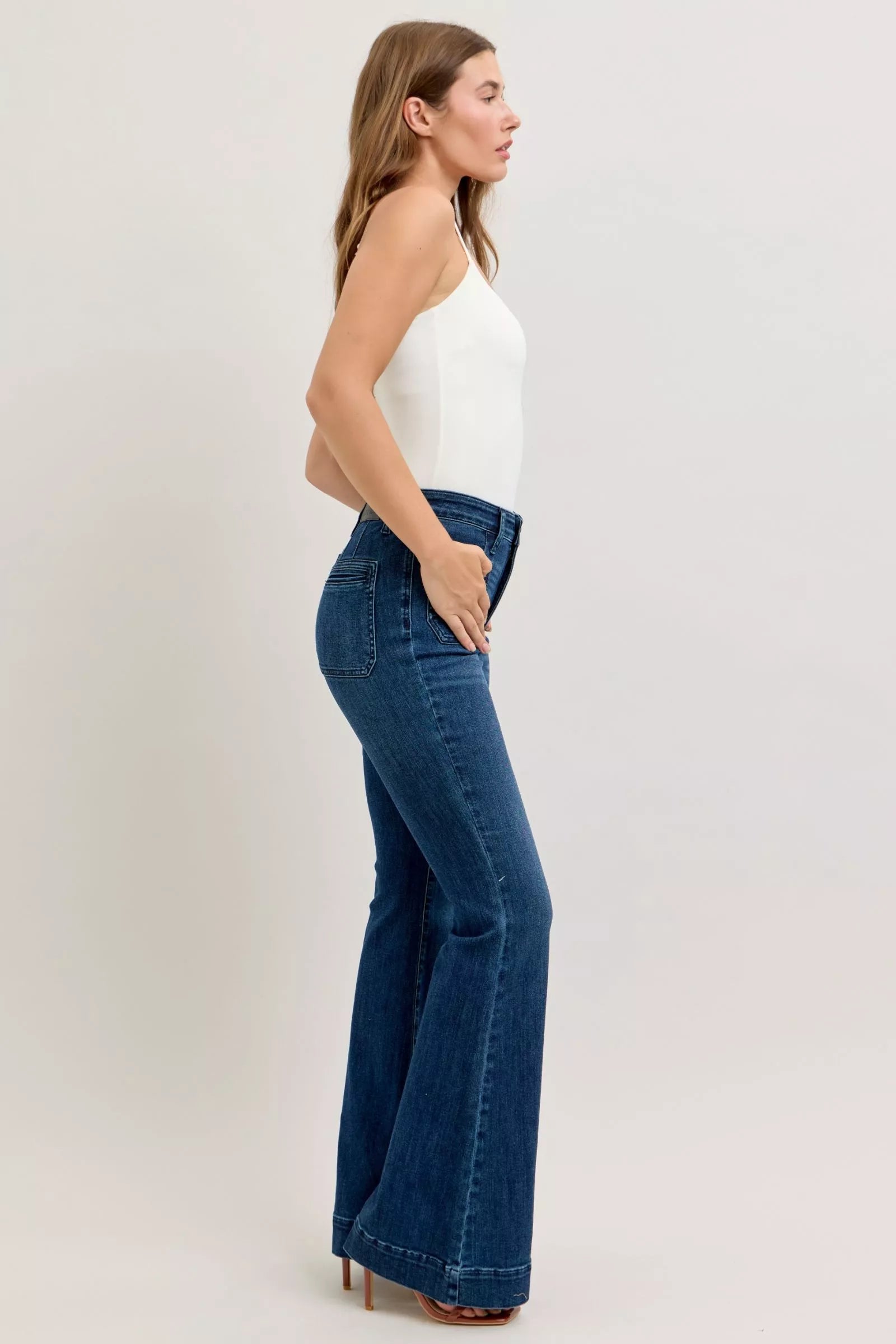 Judy Blue high-waisted dark blue denim flare jeans, worn-in look