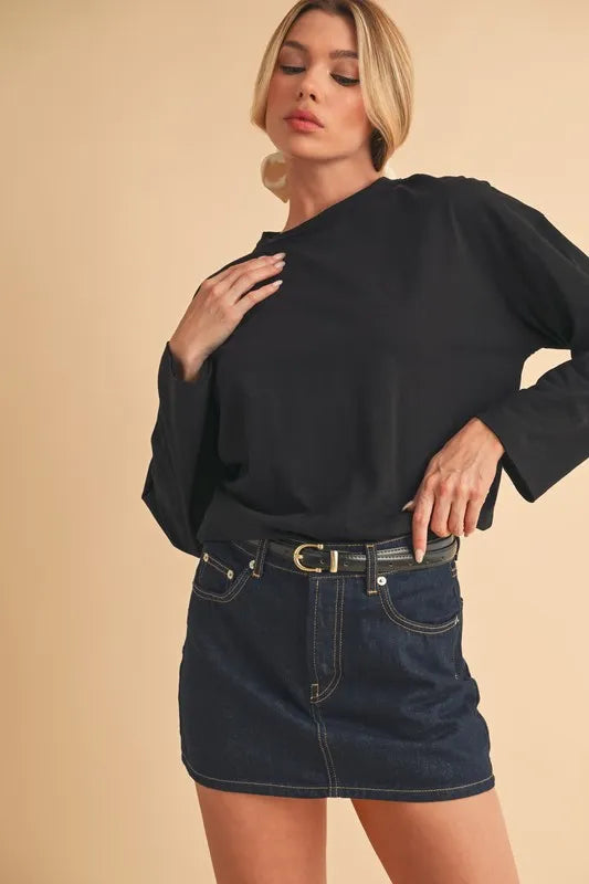 Aemi+Co Round Neck Long Sleeve Top BLACK