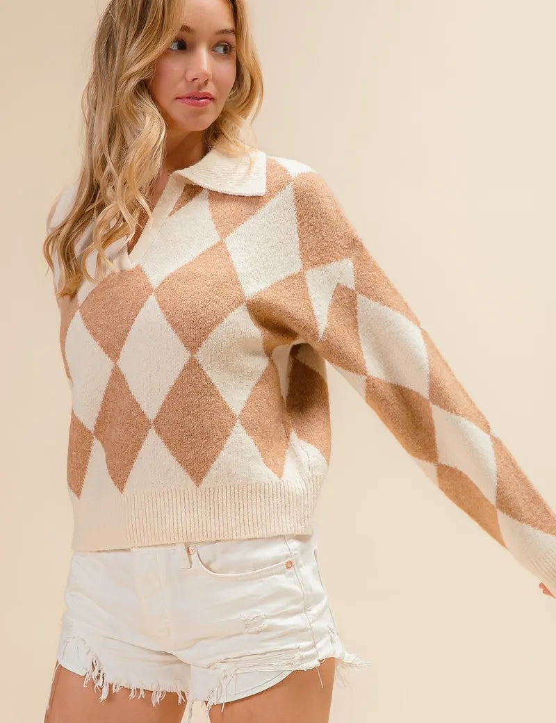 OATMEAL LATTE XL BiBi Diamond Pattern Collared Notch Neck Sweater | Sweaters Daverri Fashions
