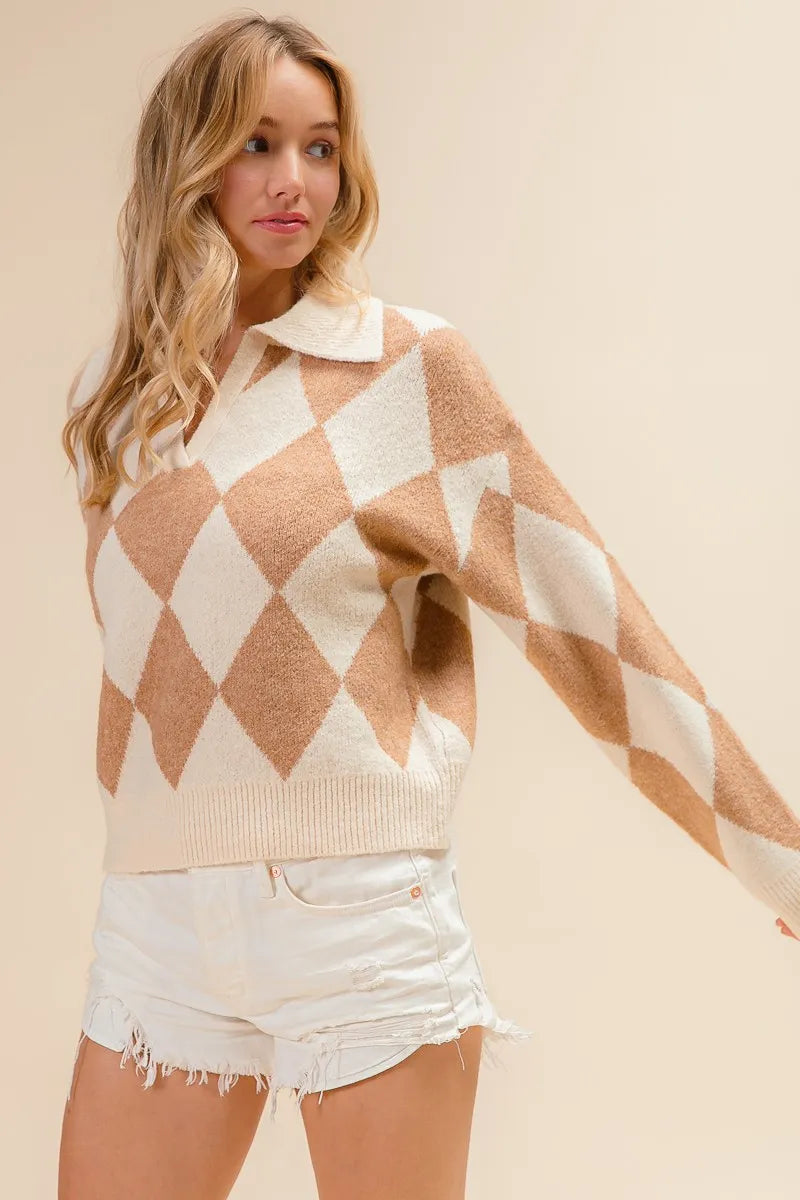 BiBi Diamond Pattern Collared Notch Neck Sweater OATMEAL LATTE Sweaters