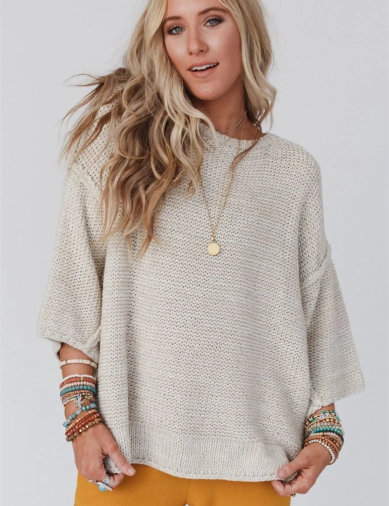 Apricot Round Neck Oversized Knit Top with Relaxed Fit | Tops Daverri Fashions