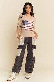 Davi & Dani Sequin American Flag Patch Short Sleeve Knit Top | Tops Daverri Fashions