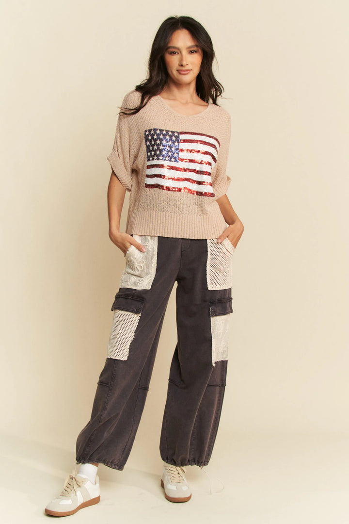 Davi & Dani Sequin American Flag Patch Short Sleeve Knit Top Tops