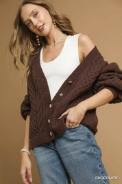 Umgee Cable Knit Pearl Button Cardigan Chocolate | Cardigans Daverri Fashions