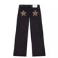 Black denim wide leg jeans with leopard star patches on back pockets