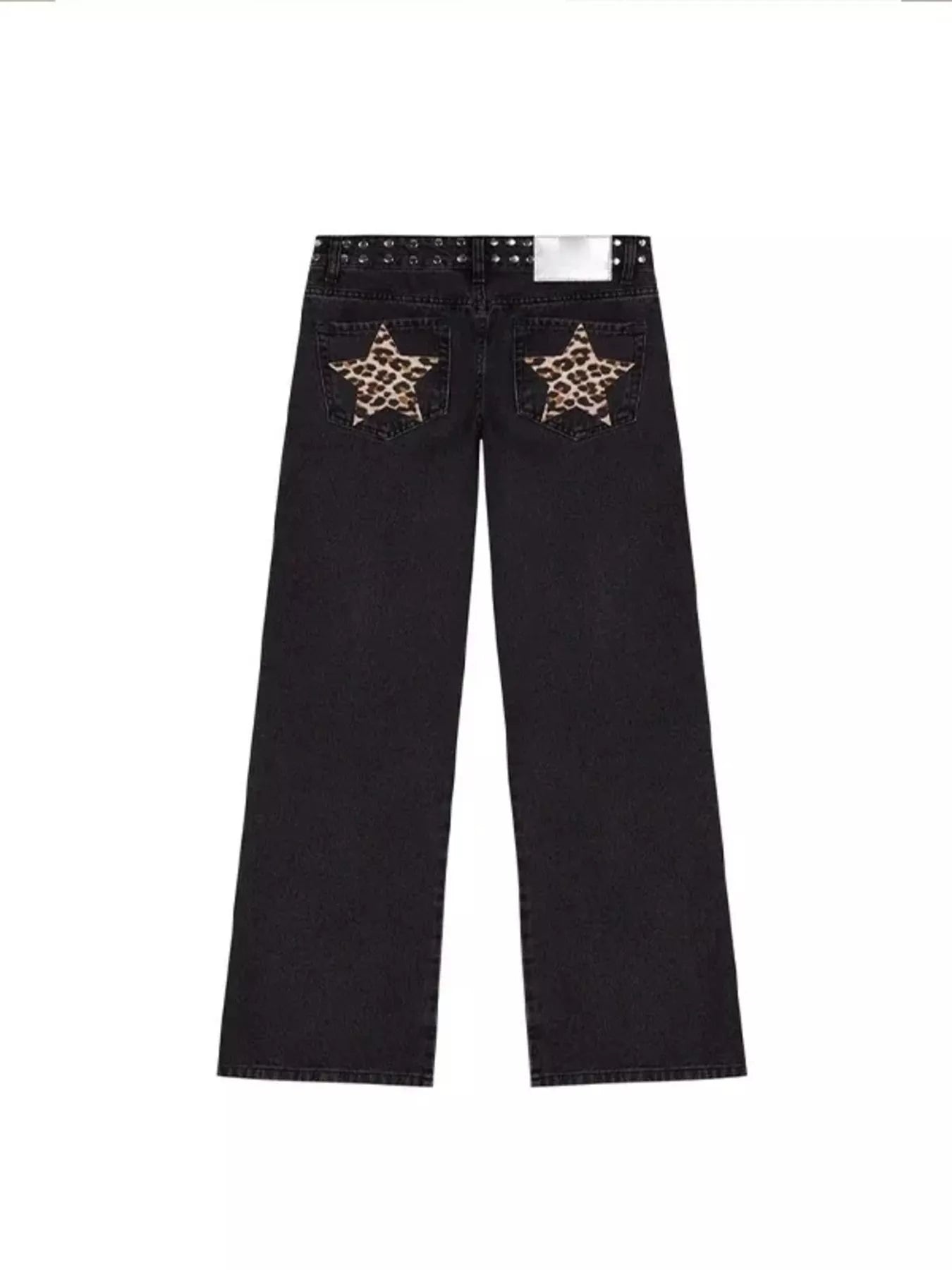 Black denim wide leg jeans with leopard star patches on back pockets