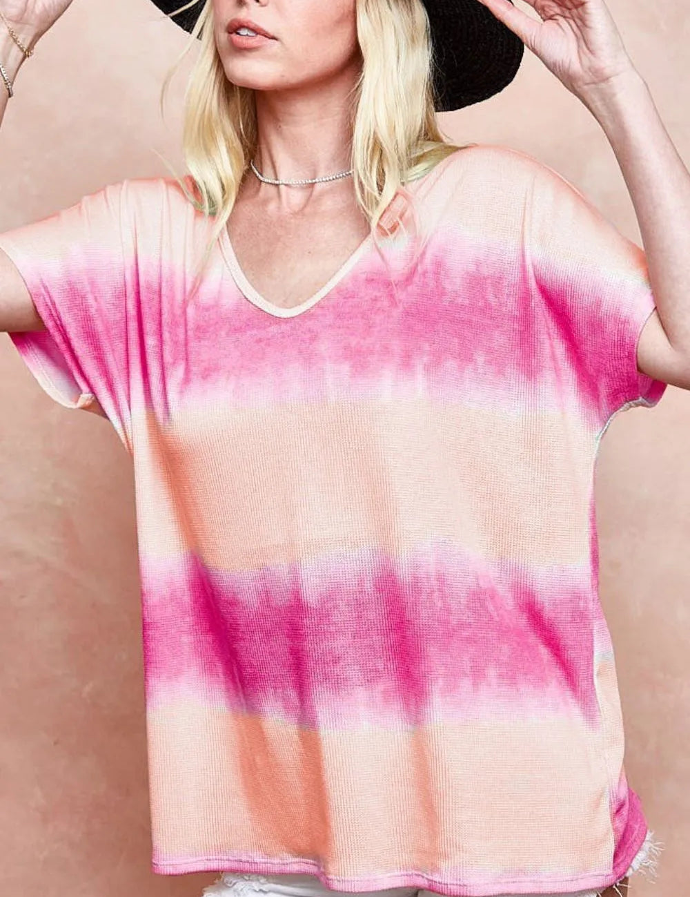 PEACH FUCHSIA BiBi Tiedye Printed Hacci Knit Top | Tops Daverri Fashions