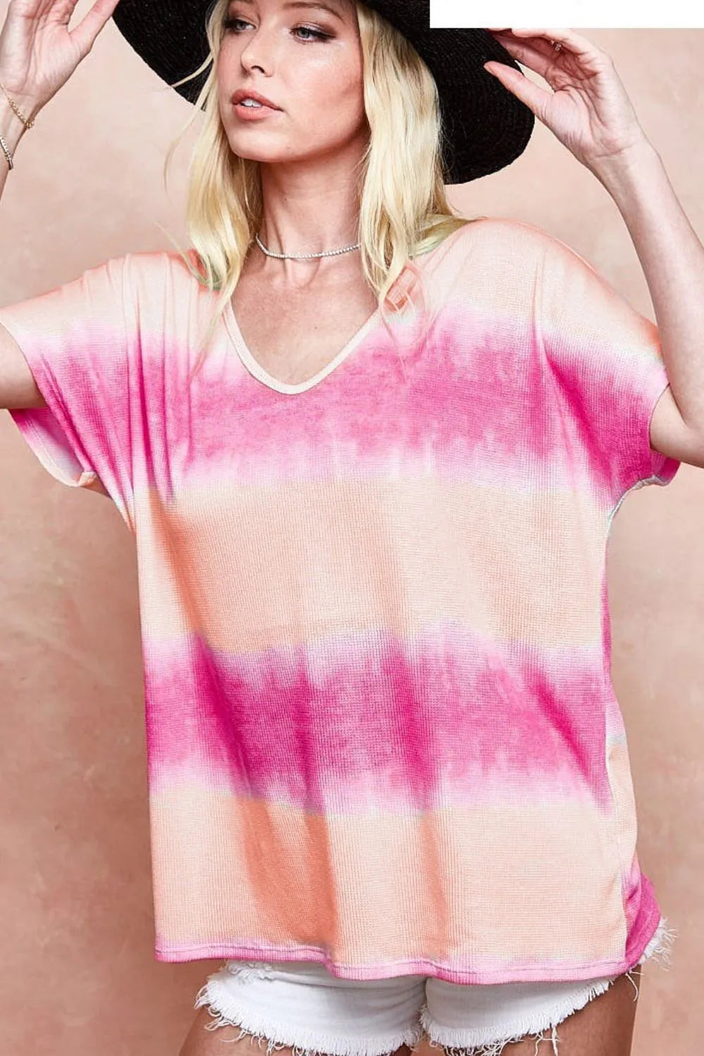 BiBi Tiedye Printed Hacci Knit Top PEACH FUCHSIA Tops