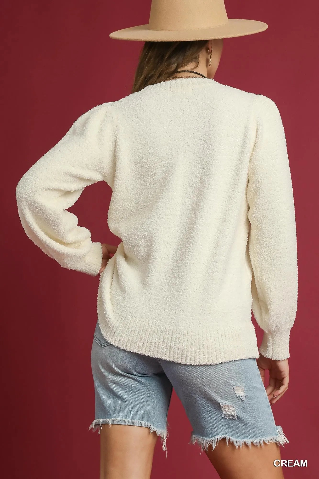 Umgee Textured Long Sleeve Sweater with Ribbed Trim | Sweaters Daverri Fashions