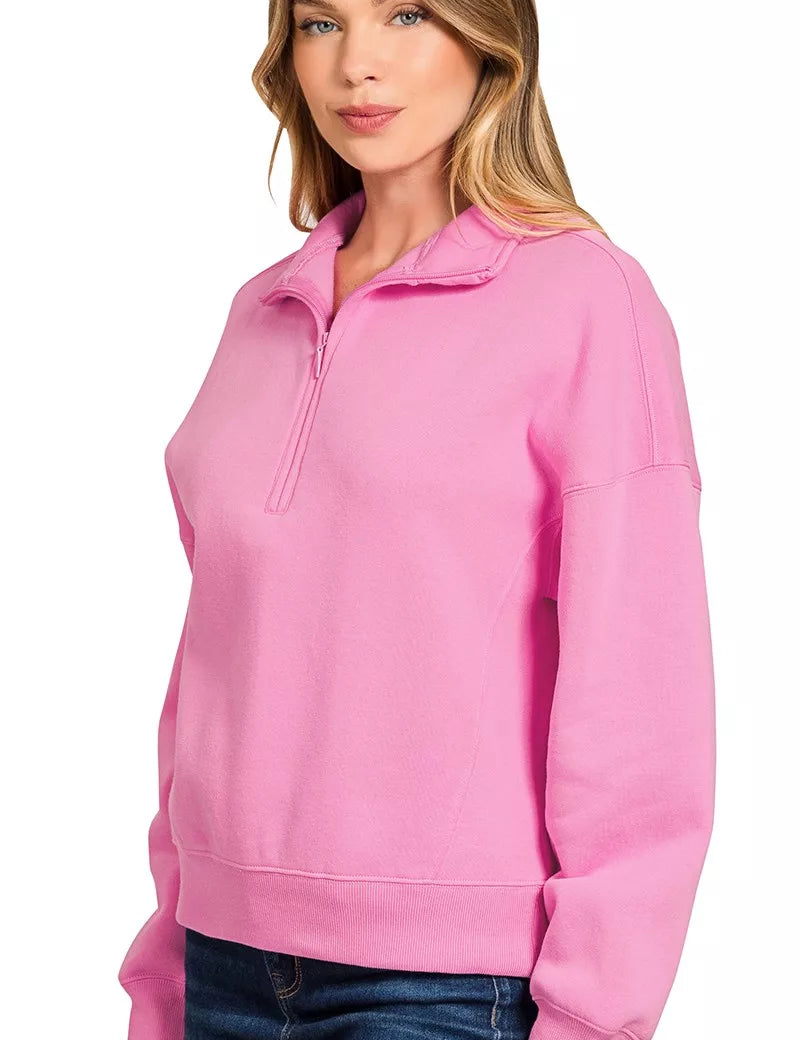 Zenana Fleece High Neck Half Zip Sweatshirt Candy Pink | Sweatshirts Daverri Fashions