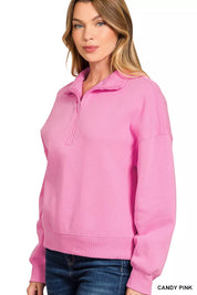 Zenana Fleece High Neck Half Zip Sweatshirt Candy Pink | Sweatshirts Daverri Fashions