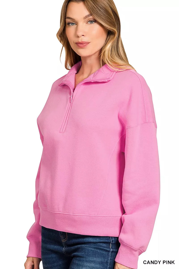 Zenana Fleece High Neck Half Zip Sweatshirt Candy Pink | Sweatshirts Daverri Fashions