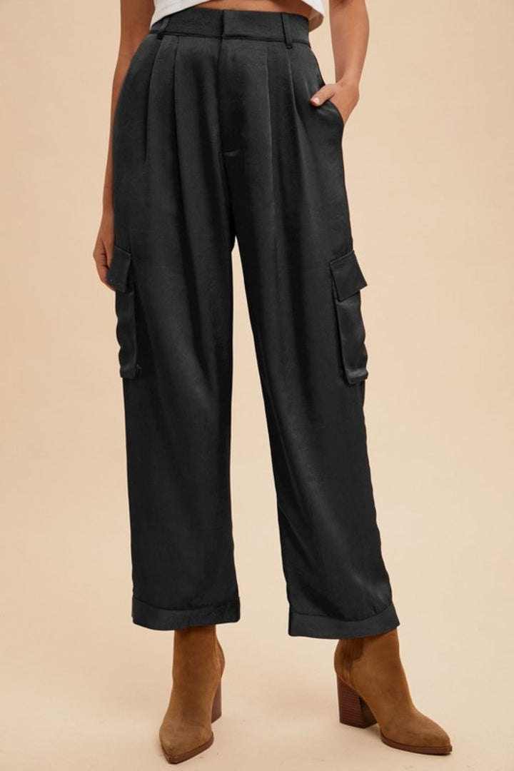 Annie Wear Wide Leg Cargo Satin Pants Black Pants