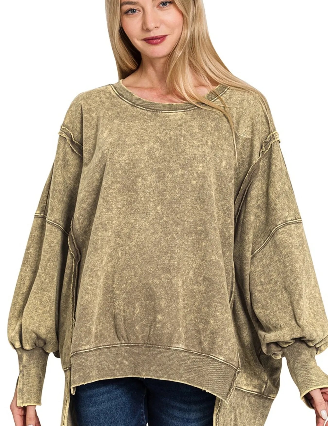MOCHA Zenana Acid Wash Exposed-Seam High Low Sweatshirt | Sweatshirts Daverri Fashions