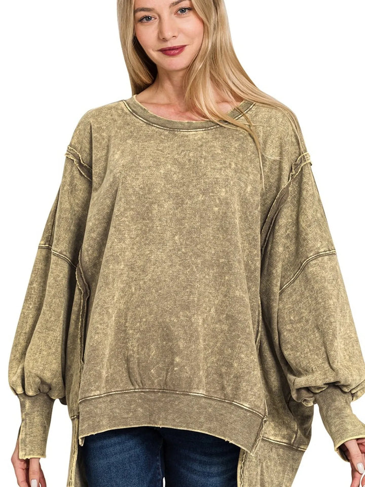 Zenana Acid Wash Exposed-Seam High Low Sweatshirt MOCHA Sweatshirts