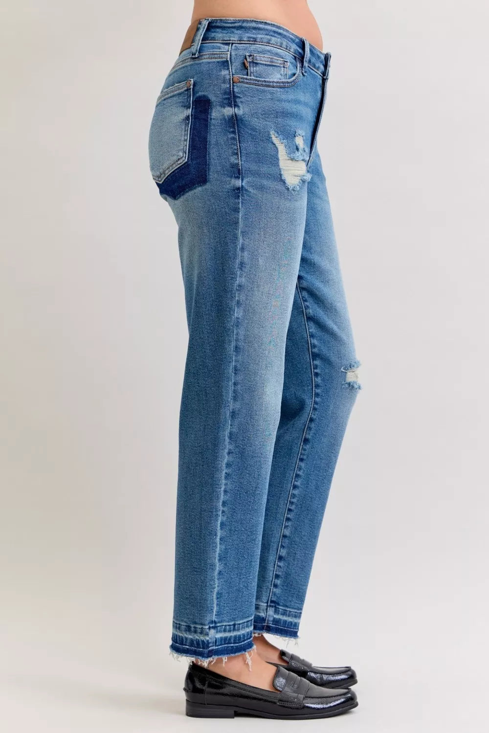 Judy Blue Full Size Mid Rise Bf Patch & Repair Destroy Release Hem Jeans Plus Size | Jeans Daverri Fashions