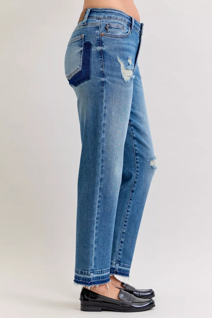 Judy Blue Full Size Mid Rise Bf Patch & Repair Destroy Release Hem Jeans Plus Size | Jeans Daverri Fashions