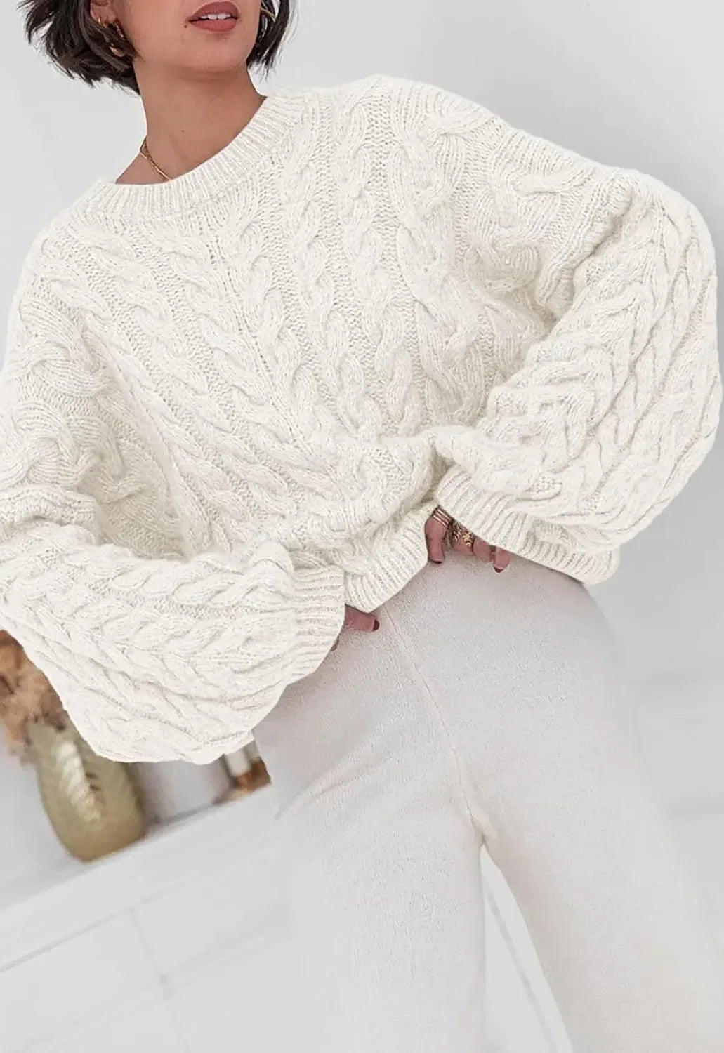 Cable Knit Long Sleeve Sweater - DAVERRI FASHIONS