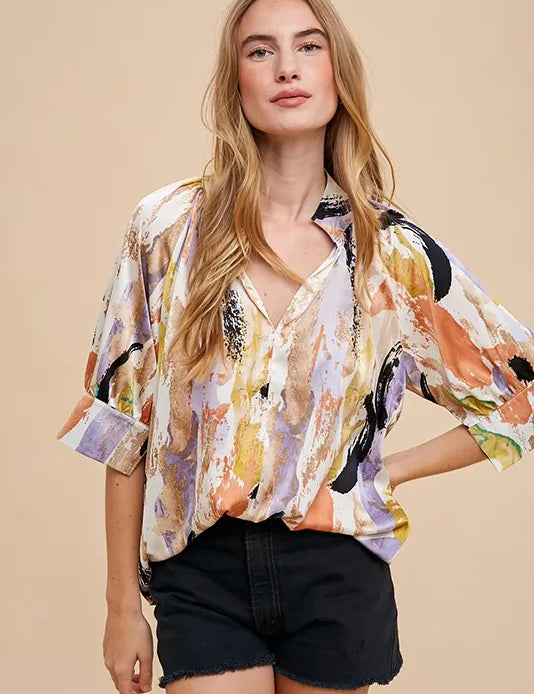 TAUPE LILAC MULTI Annie Wear Multi Color Printed V-Neck Open Woven Blouse Top | Daverri Fashions